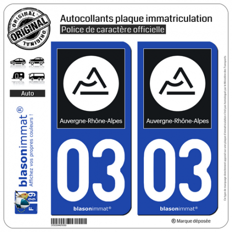 2 Autocollants plaque immatriculation Auto 03 Auvergne-Rhône-Alpes - Région II