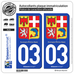 2 Autocollants plaque immatriculation Auto 03 Auvergne-Rhône-Alpes - Armoiries