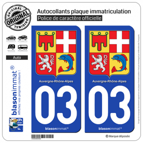 2 Autocollants plaque immatriculation Auto 03 Auvergne-Rhône-Alpes - Armoiries