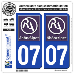 2 Autocollants plaque immatriculation Auto 07 Rhône-Alpes - LogoType II