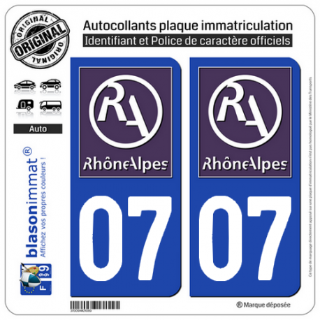2 Autocollants plaque immatriculation Auto 07 Rhône-Alpes - LogoType II