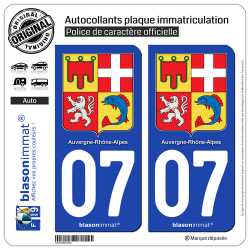 2 Autocollants plaque immatriculation Auto 07 Auvergne-Rhône-Alpes - Armoiries