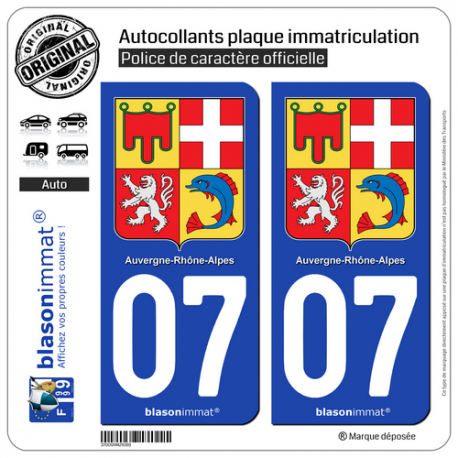 2 Autocollants plaque immatriculation Auto 07 Auvergne-Rhône-Alpes - Armoiries