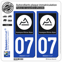 2 Autocollants plaque immatriculation Auto 07 Auvergne-Rhône-Alpes - Région II