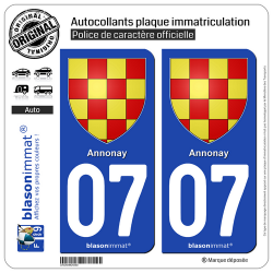 2 Autocollants plaque immatriculation Auto 07 Annonay - Armoiries