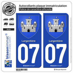 2 Autocollants plaque immatriculation Auto 07 Largentière - Armoiries