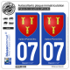 2 Autocollants plaque immatriculation Auto 07 Vallon-Pont-d'Arc - Armoiries