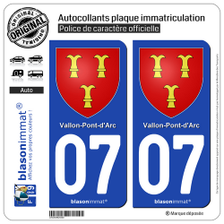 2 Autocollants plaque immatriculation Auto 07 Vallon-Pont-d'Arc - Armoiries