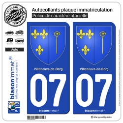 2 Autocollants plaque immatriculation Auto 07 Villeneuve-de-Berg - Armoiries