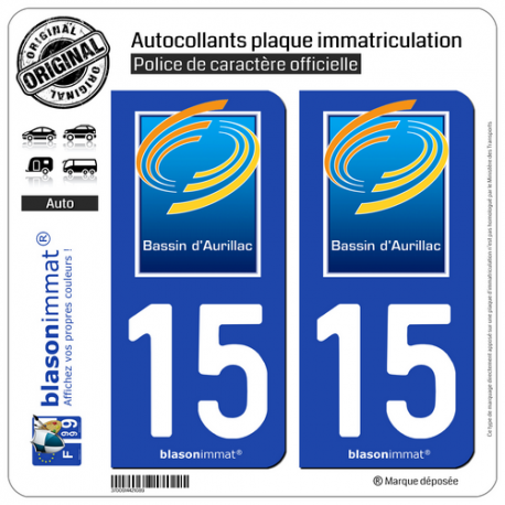 2 Autocollants plaque immatriculation Auto 15 Aurillac - Agglo