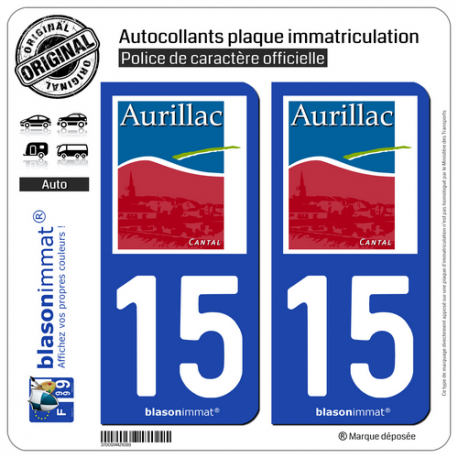 2 Autocollants plaque immatriculation Auto 15 Aurillac - Ville