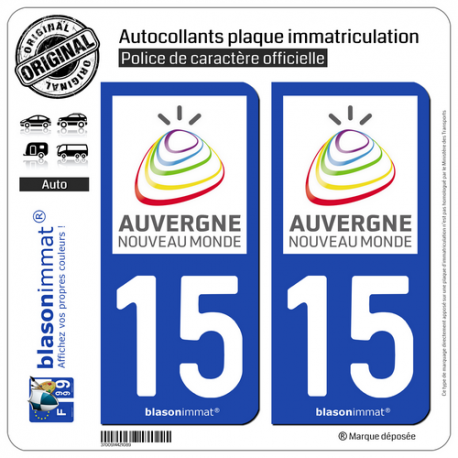 2 Autocollants plaque immatriculation Auto 15 Auvergne - Tourisme