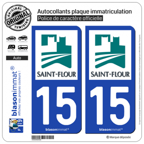 2 Autocollants plaque immatriculation Auto 15 Saint-Flour - Ville