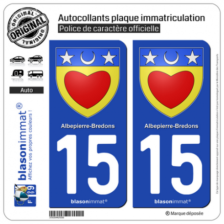 2 Autocollants plaque immatriculation Auto 15 Albepierre-Bredons - Armoiries
