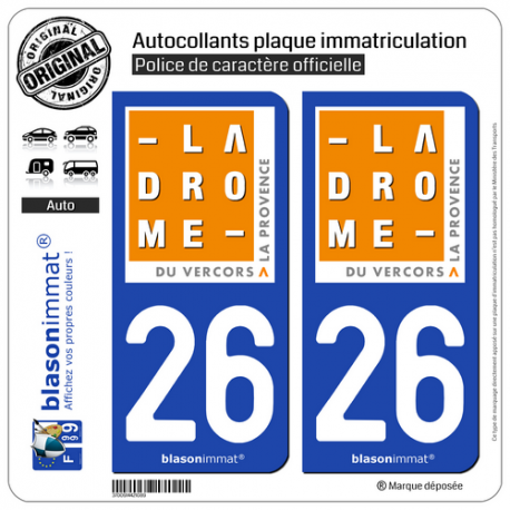 2 Autocollants plaque immatriculation Auto 26 Drôme - Tourisme