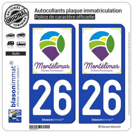 2 Autocollants plaque immatriculation Auto 26 Montélimar - Tourisme