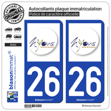 2 Autocollants plaque immatriculation Auto 26 Nyons - Ville