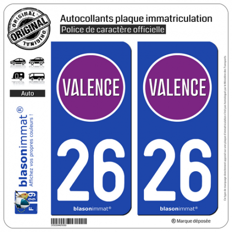 2 Autocollants plaque immatriculation Auto 26 Valence - Ville