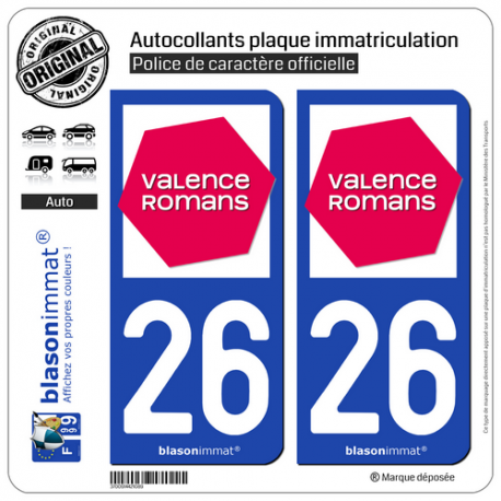2 Autocollants plaque immatriculation Auto 26 Valence - Agglo