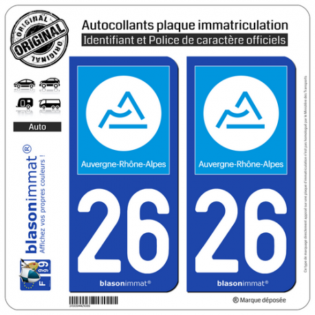 2 Autocollants plaque immatriculation Auto 26 Auvergne-Rhône-Alpes - Région