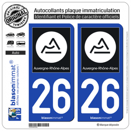 2 Autocollants plaque immatriculation Auto 26 Auvergne-Rhône-Alpes - Région II