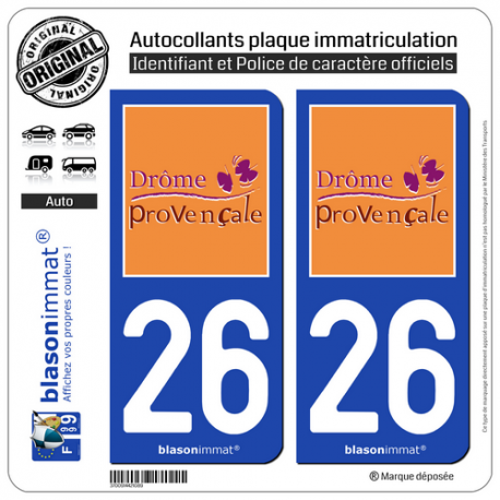 2 Autocollants plaque immatriculation Auto 26 Drôme - Provençale II