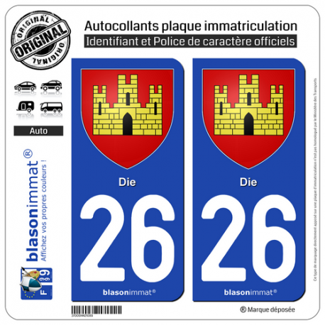 2 Autocollants plaque immatriculation Auto 26 Die - Armoiries