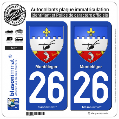 2 Autocollants plaque immatriculation Auto 26 Montéléger - Armoiries