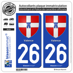 2 Autocollants plaque immatriculation Auto 26 Valence - Armoiries