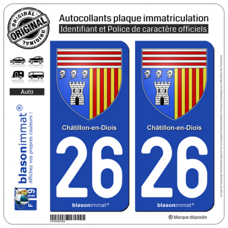 2 Autocollants plaque immatriculation Auto 26 Châtillon-en-Diois - Armoiries