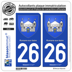 2 Autocollants plaque immatriculation Auto 26 Romans-sur-Isère - Armoiries