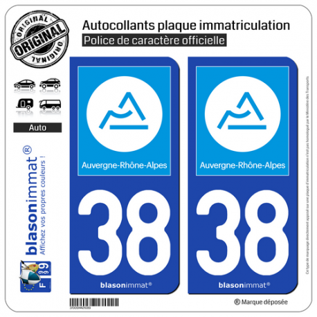 2 Autocollants plaque immatriculation Auto 38 Auvergne-Rhône-Alpes - Région