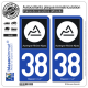 2 Autocollants plaque immatriculation Auto 38 Auvergne-Rhône-Alpes - Région II
