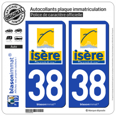 2 Autocollants plaque immatriculation Auto 38 Isère - Département