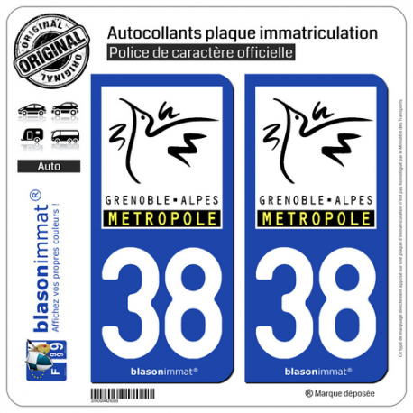 2 Autocollants plaque immatriculation Auto 38 Grenoble - Métropole