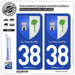 2 Autocollants plaque immatriculation Auto 38 La Tour-du-Pin - Armoiries