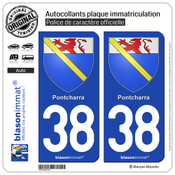 2 Autocollants plaque immatriculation Auto 38 Pontcharra - Armoiries