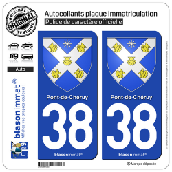2 Autocollants plaque immatriculation Auto 38 Pont-de-Chéruy - Armoiries