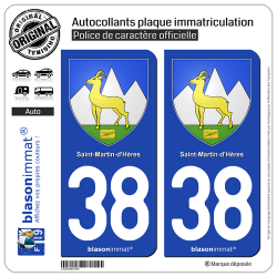 2 Autocollants plaque immatriculation Auto 38 Saint-Martin-d'Hères - Armoiries