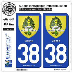 2 Autocollants plaque immatriculation Auto 38 Vienne - Armoiries