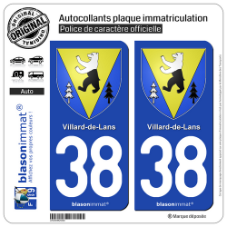 2 Autocollants plaque immatriculation Auto 38 Villard-de-Lans - Armoiries