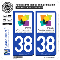 2 Autocollants plaque immatriculation Auto 38 Voiron - Tourisme