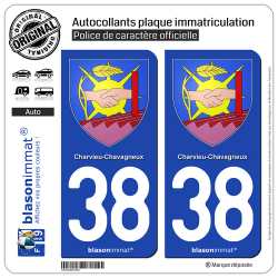 2 Autocollants plaque immatriculation Auto 38 Charvieu-Chavagneux - Armoiries