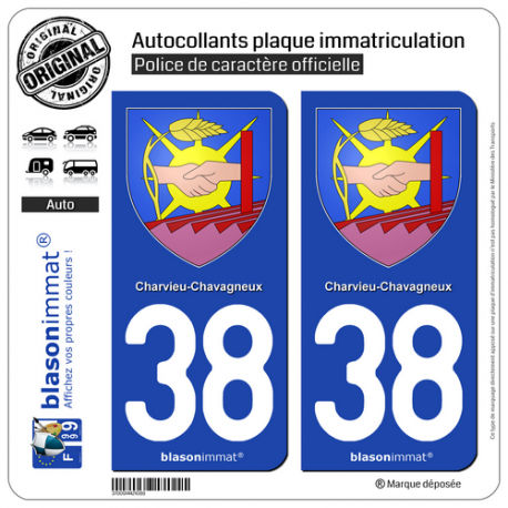 2 Autocollants plaque immatriculation Auto 38 Charvieu-Chavagneux - Armoiries