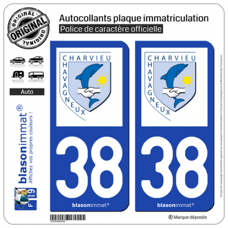 2 Autocollants plaque immatriculation Auto 38 Charvieu-Chavagneux - Commune