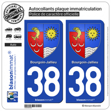 2 Autocollants plaque immatriculation Auto 38 Bourgoin-Jallieu - Armoiries