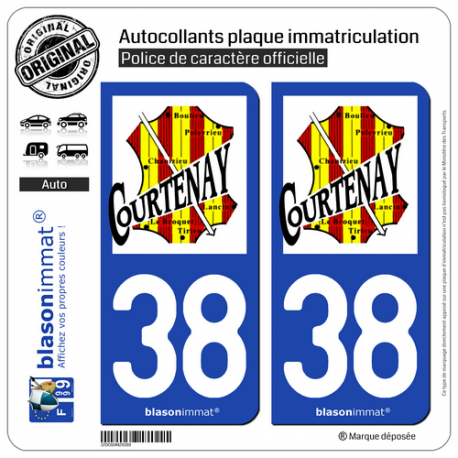 2 Autocollants plaque immatriculation Auto 38 Courtenay - Commune