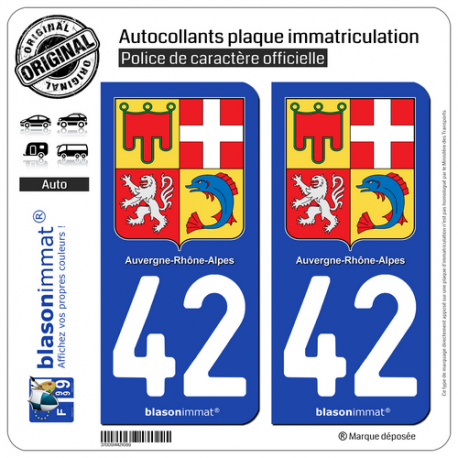 2 Autocollants plaque immatriculation Auto 42 Auvergne-Rhône-Alpes - Armoiries