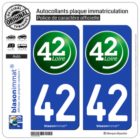 2 Autocollants plaque immatriculation Auto 42 Loire - Département II