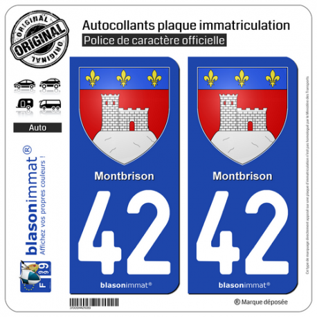 2 Autocollants plaque immatriculation Auto 42 Montbrison - Armoiries
